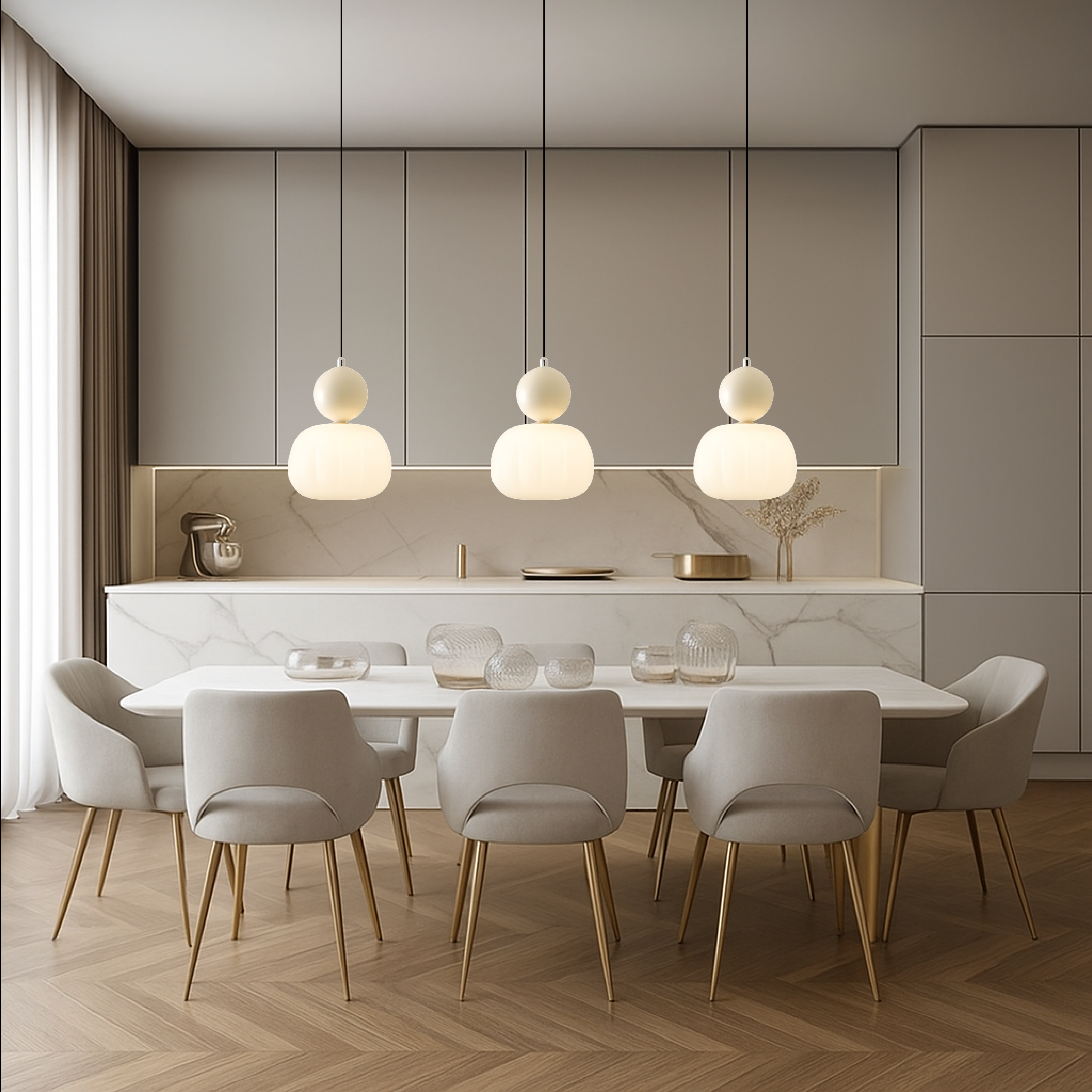 Lampa wisząca Art Deco | Złota designerska lampa LED z podwójnym kloszem do salonu, kuchni i jadalni