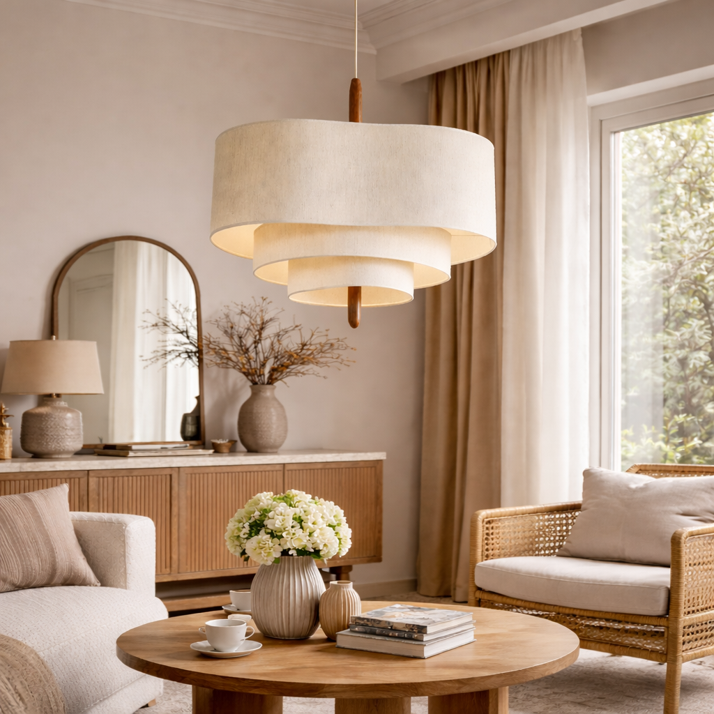 Żyrandol z tkaniny | Designerska lampa sufitowa z warstwowym abażurem do salonu i sypialni