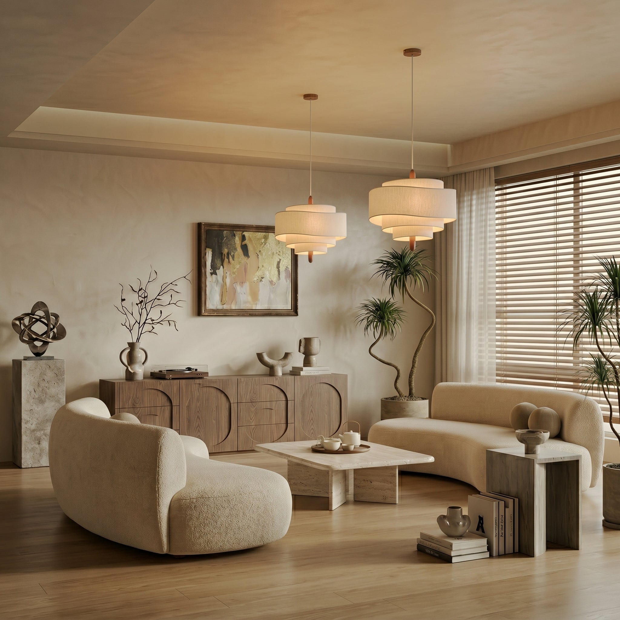 Żyrandol z tkaniny | Designerska lampa sufitowa z warstwowym abażurem do salonu i sypialni