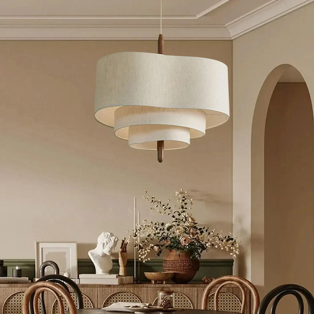 Żyrandol z tkaniny | Designerska lampa sufitowa z warstwowym abażurem do salonu i sypialni
