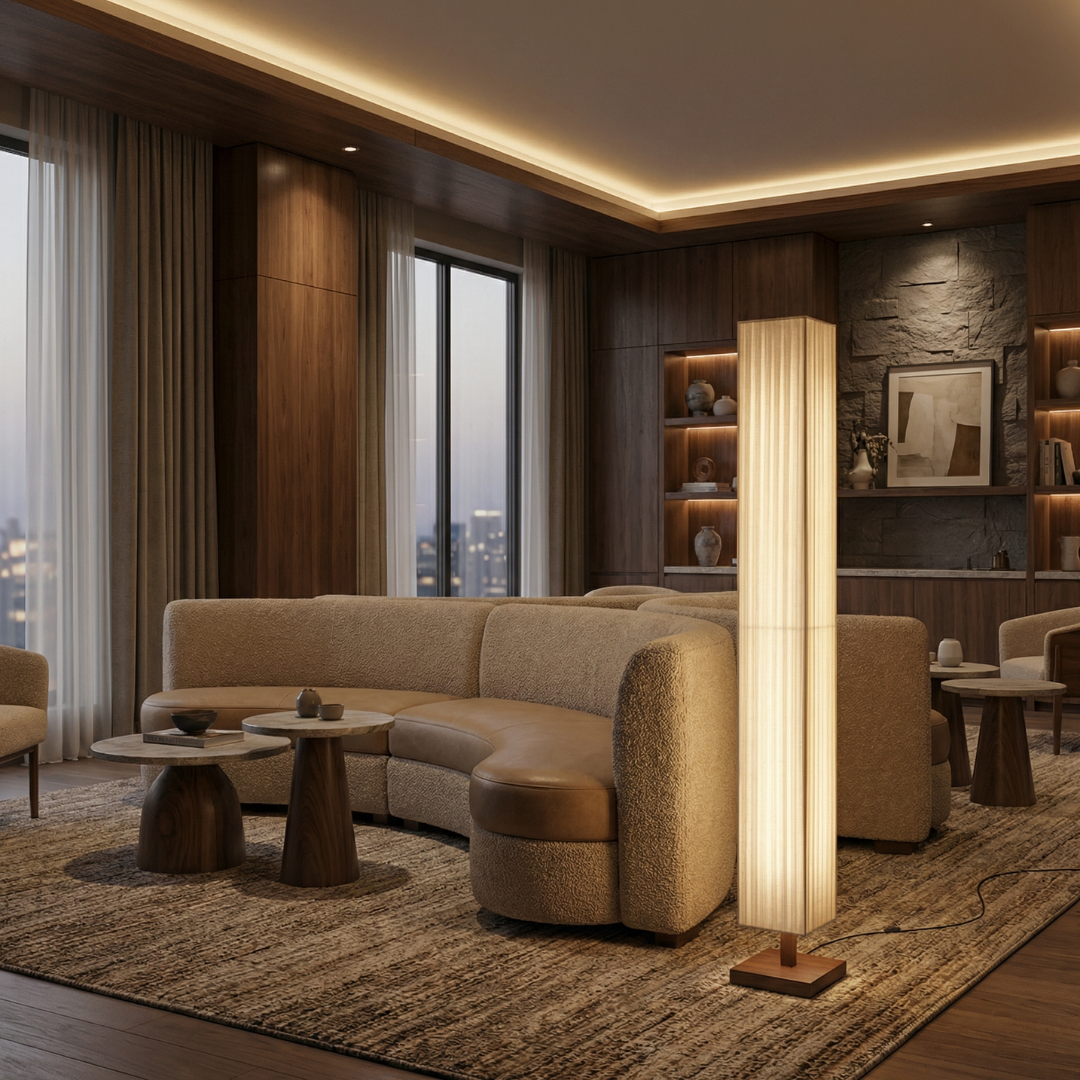Lumen | Japanese Floor Lamp with Soft Fabric Shade and Walnut Wood Frame