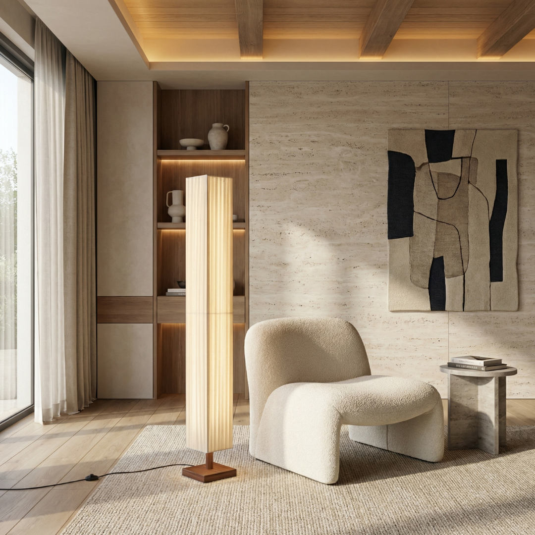 Lumen | Japanese Floor Lamp with Soft Fabric Shade and Walnut Wood Frame