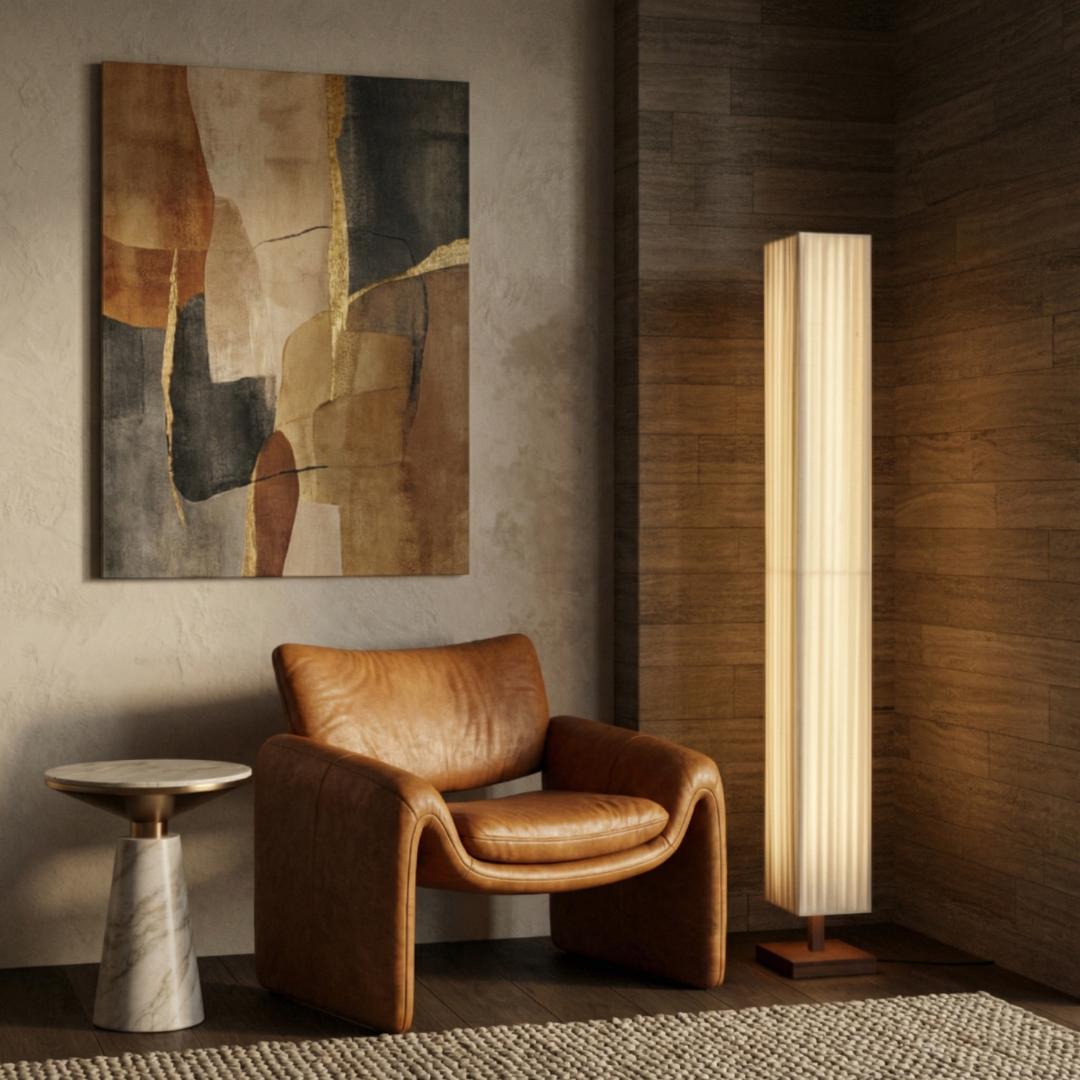 Lumen | Japanese Floor Lamp with Soft Fabric Shade and Walnut Wood Frame