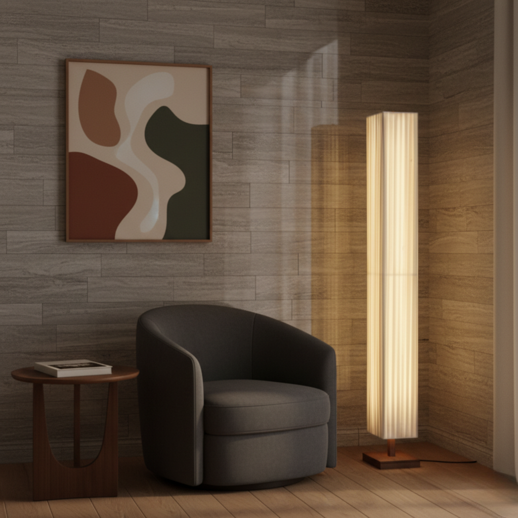 Lumen | Japanese Floor Lamp with Soft Fabric Shade and Walnut Wood Frame