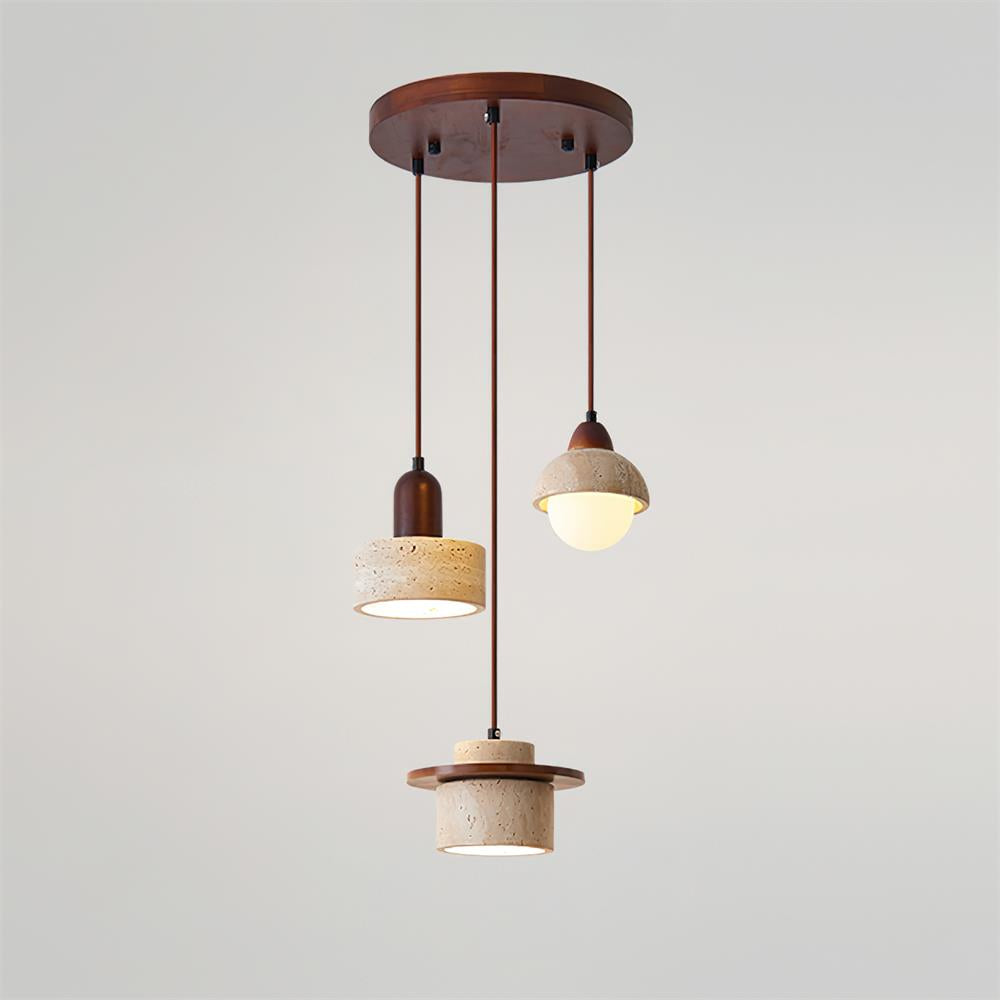 Kolekcja Lunara | Lampa wisząca z trawertynu i drewna | Designerskie oświetlenie do salonu, jadalni i kuchni