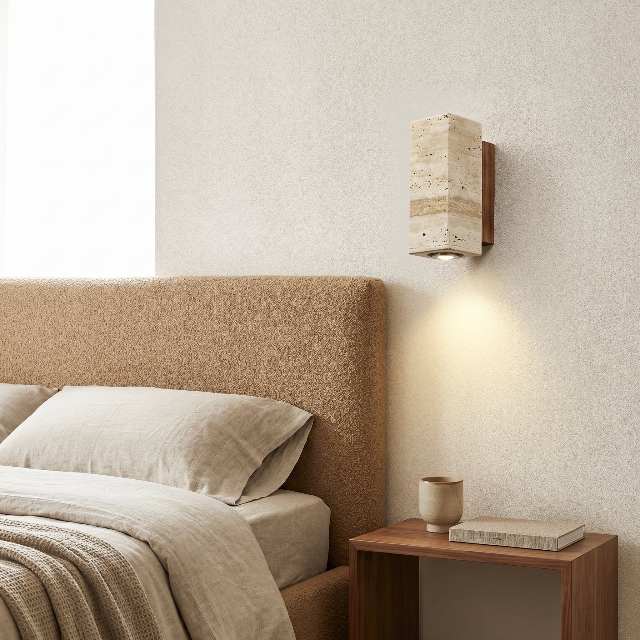 Natural Elegance | Lampa Ścienna z Naturalnego Trawertynu i Drewnianym Uchwytem