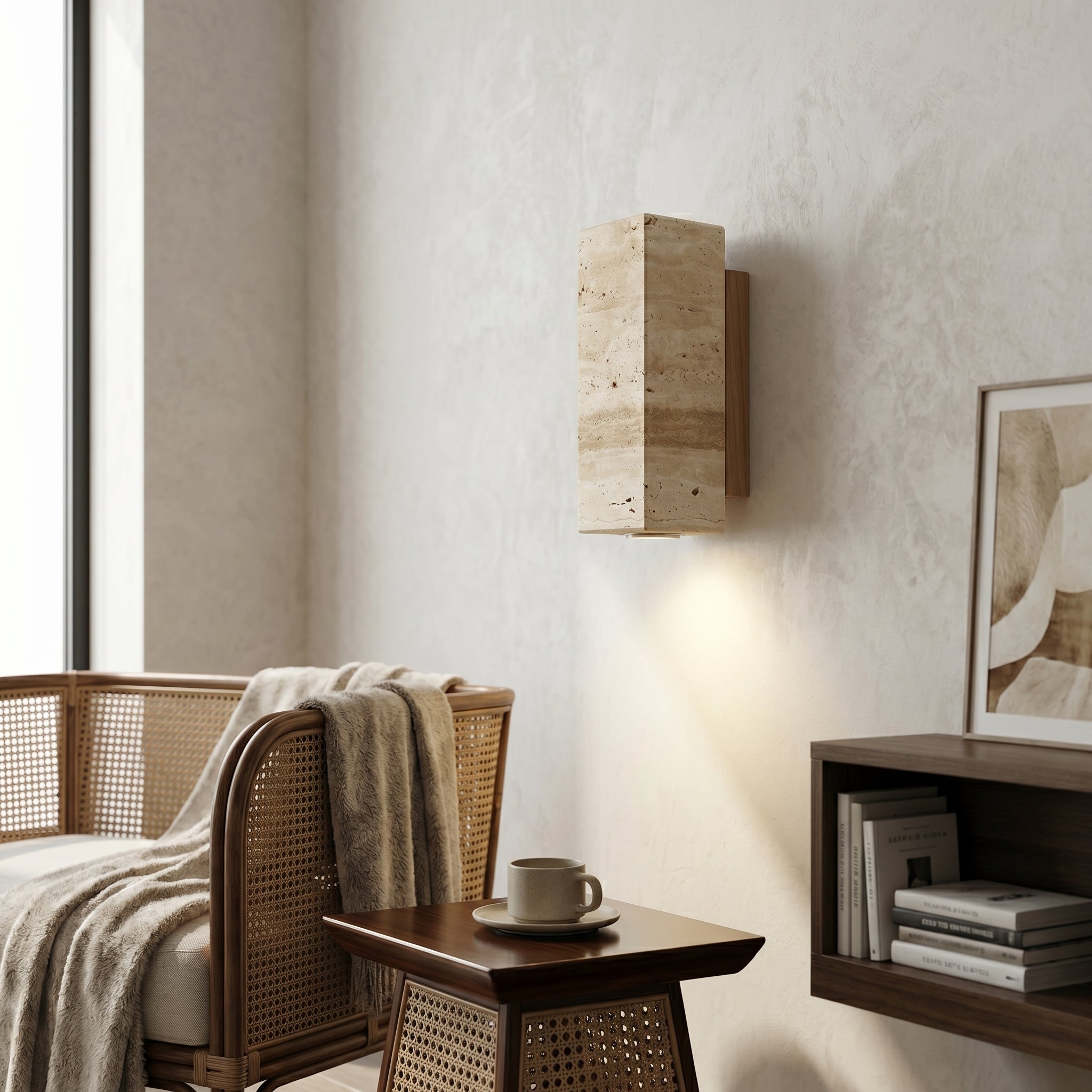 Natural Elegance | Lampa Ścienna z Naturalnego Trawertynu i Drewnianym Uchwytem