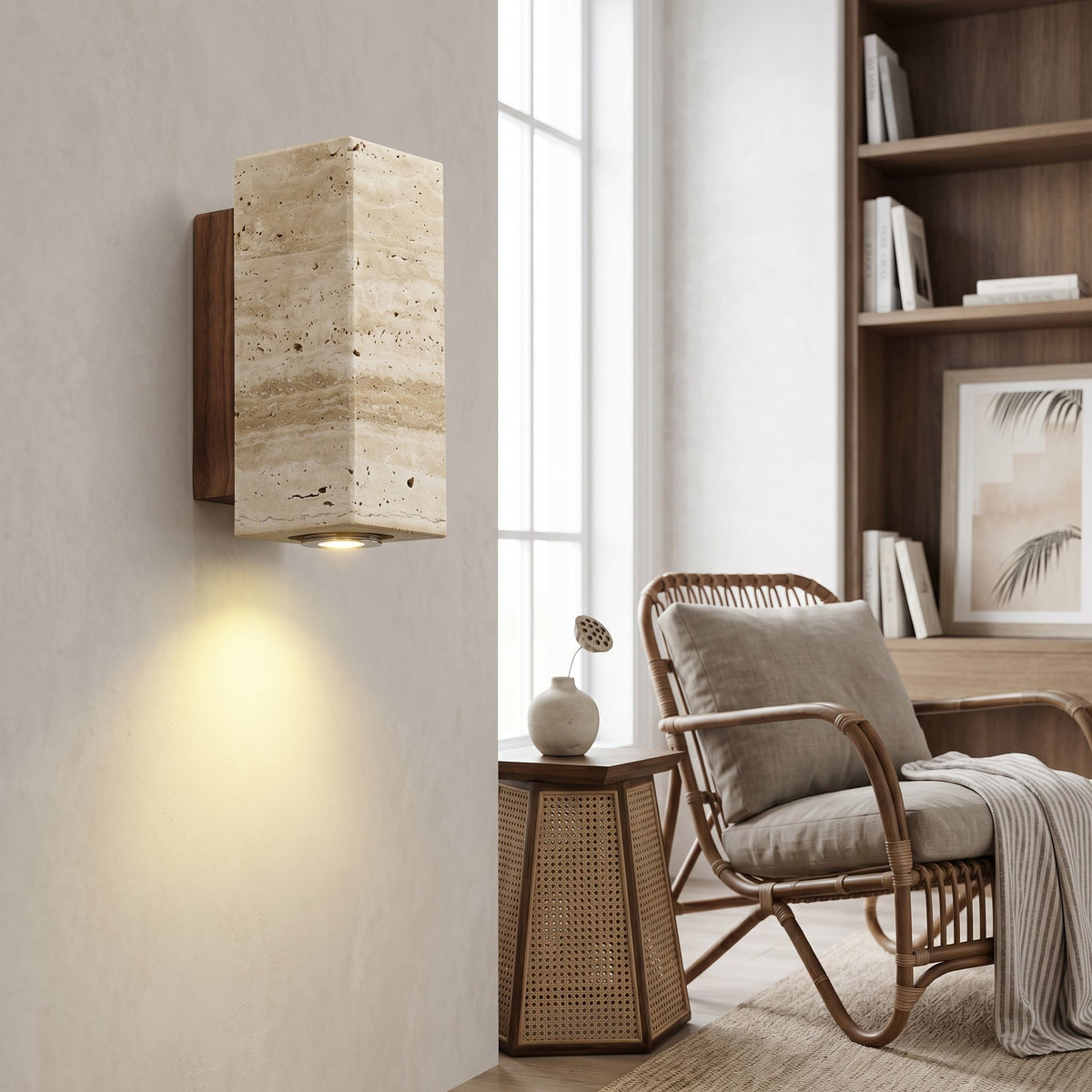 Natural Elegance | Lampa Ścienna z Naturalnego Trawertynu i Drewnianym Uchwytem