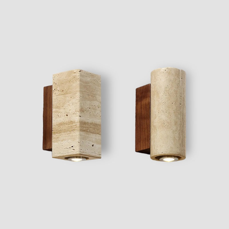 Natural Elegance | Lampa Ścienna z Naturalnego Trawertynu i Drewnianym Uchwytem