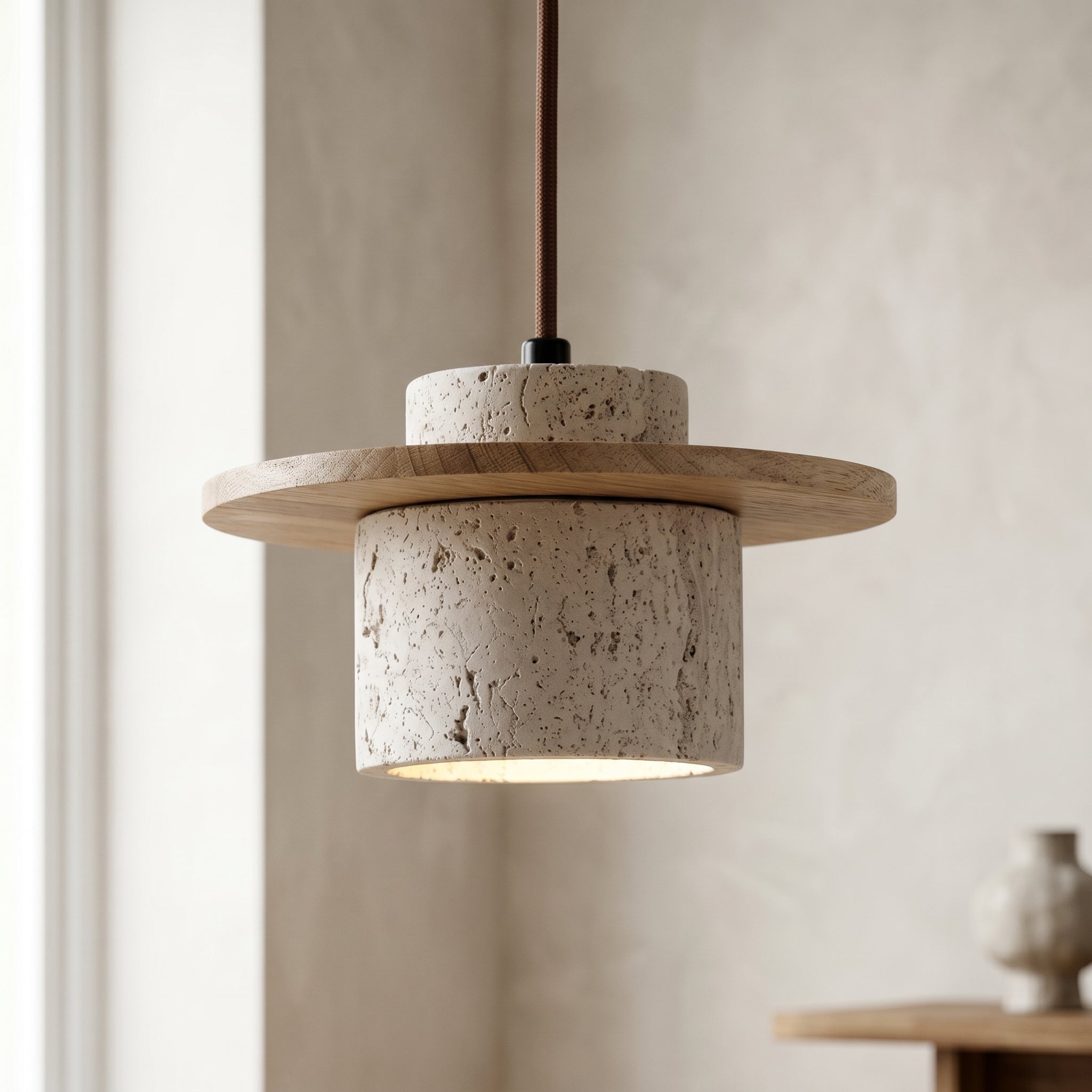 Lampa wisząca z naturalnego kamienia i orzechowym akcentem | Wyjątkowe oświetlenie nad wyspę kuchenną zapewniające ciepłą atmosferę