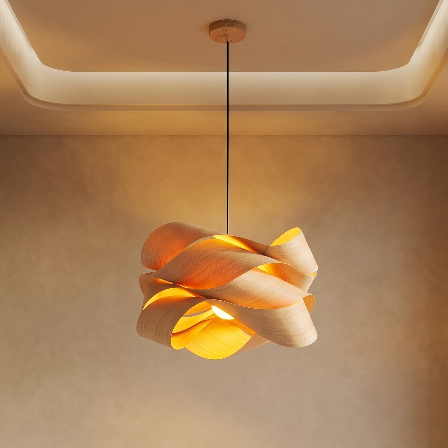 Lampa wisząca z kopułowym kloszem z naturalnego drewna i delikatnym światłem | Eleganckie oświetlenie do kuchni zapewniające ciepłą atmosferę