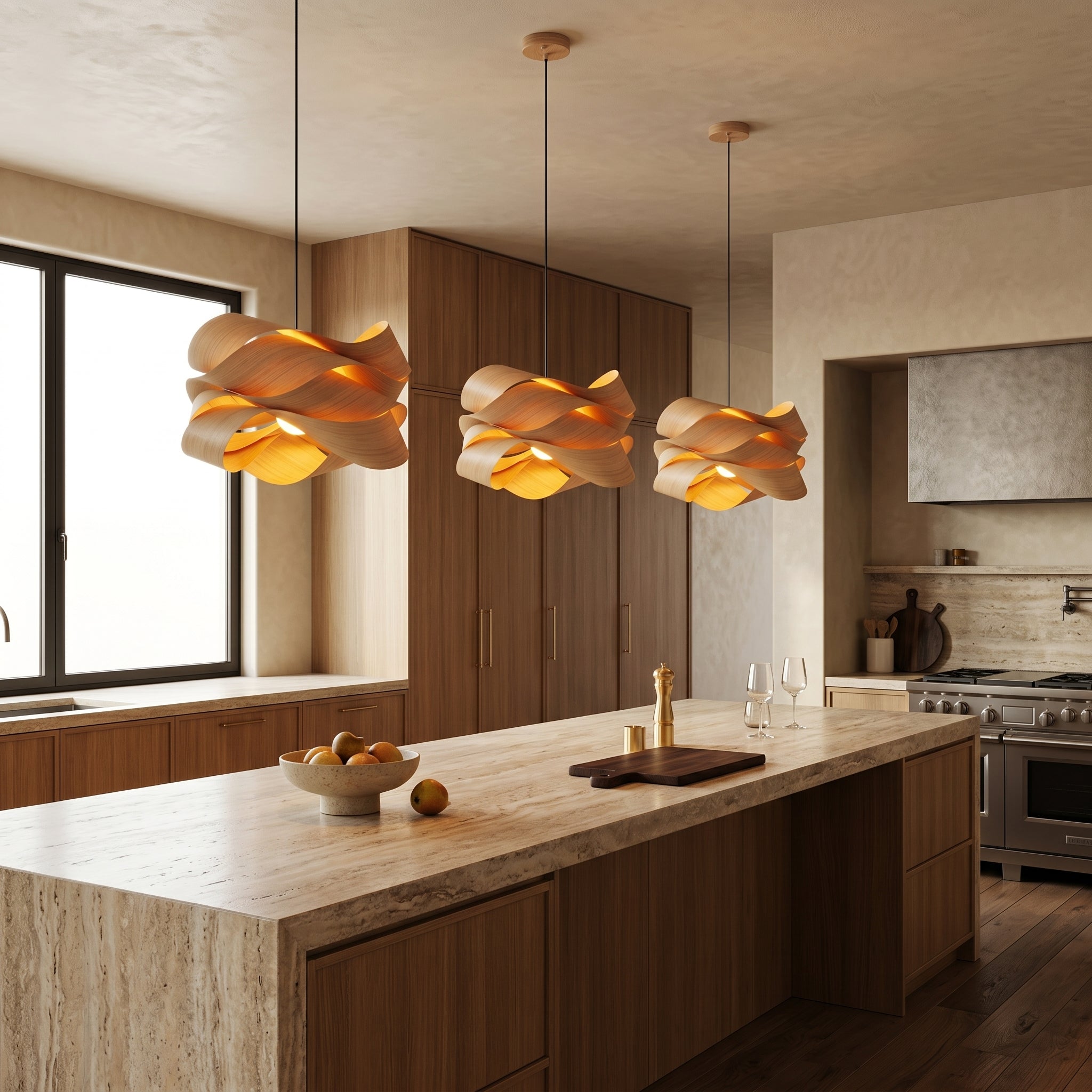 Lampa wisząca z kopułowym kloszem z naturalnego drewna i delikatnym światłem | Eleganckie oświetlenie do kuchni zapewniające ciepłą atmosferę