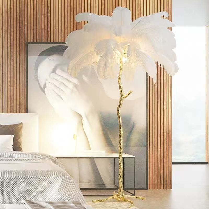 Nordic Luxury | Luksusowa Lampa z Piórami Strusia – Designerska Lampa Podłogowa do Salonu i Sypialni