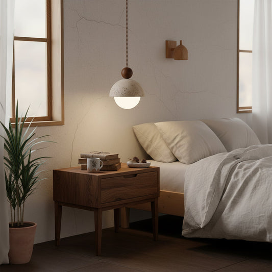 Palermo | Lampa wisząca z ręcznie wykonanym trawertynowym kloszem i szklaną kulą | Eleganckie oświetlenie do nowoczesnych wnętrz