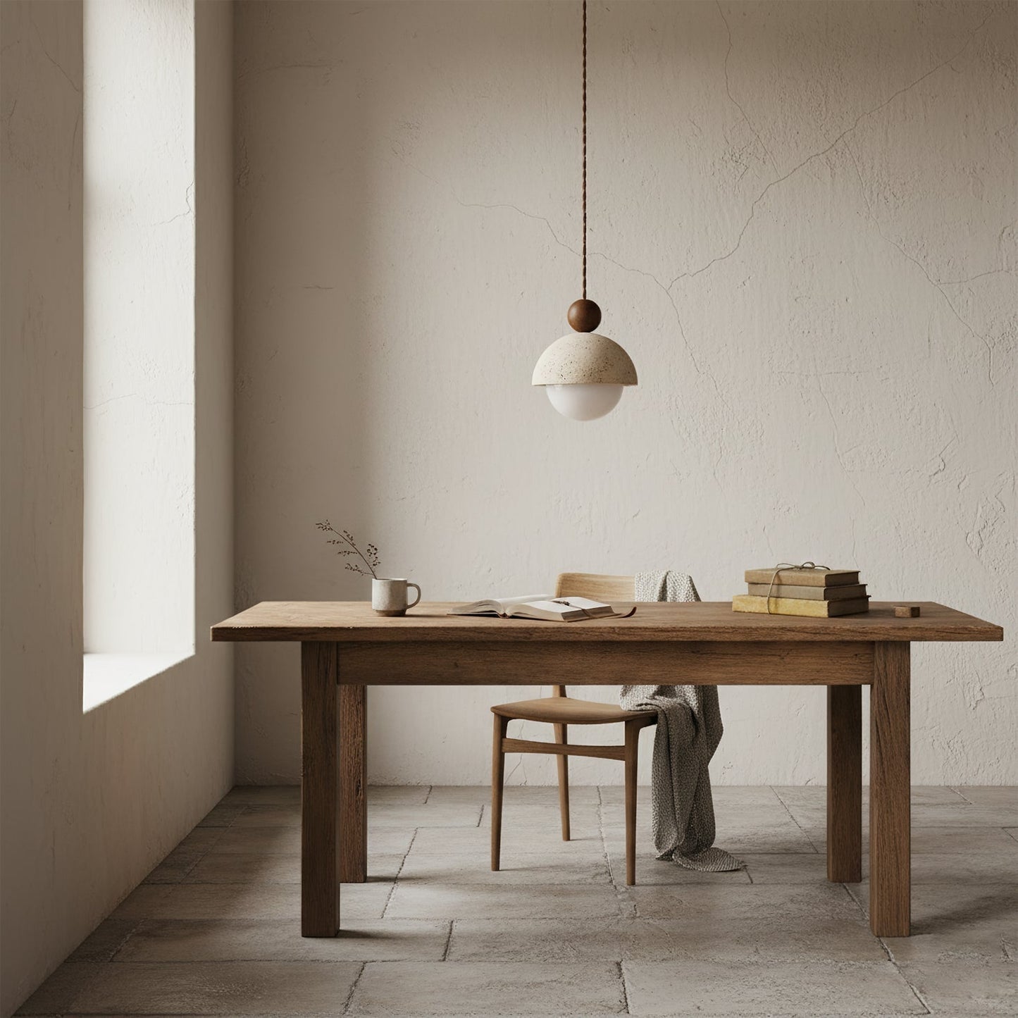 Palermo | Lampa wisząca z ręcznie wykonanym trawertynowym kloszem i szklaną kulą | Eleganckie oświetlenie do nowoczesnych wnętrz