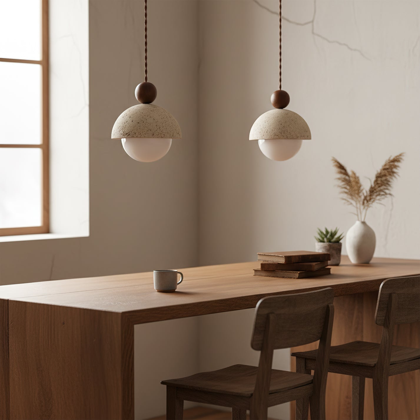 Palermo | Lampa wisząca z ręcznie wykonanym trawertynowym kloszem i szklaną kulą | Eleganckie oświetlenie do nowoczesnych wnętrz