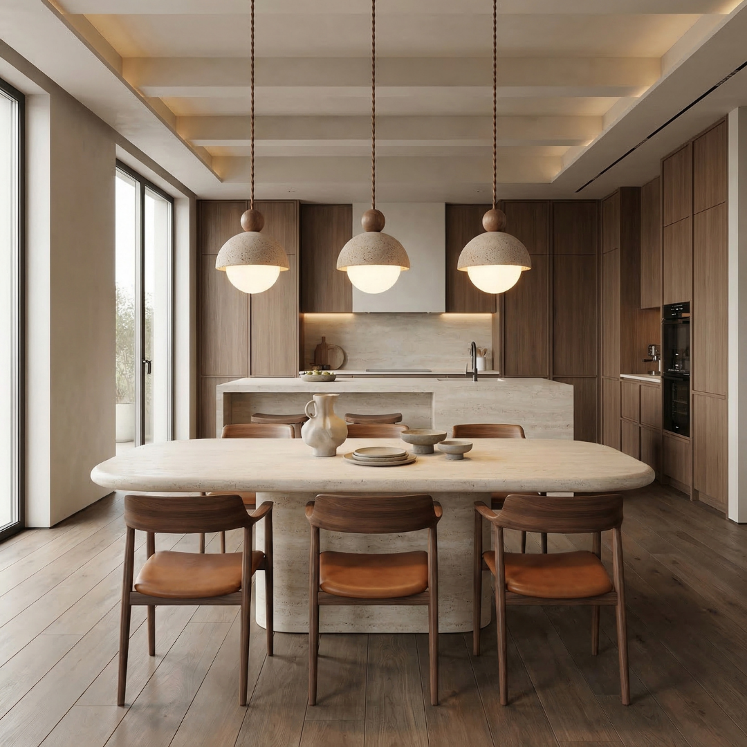 Palermo | Lampa wisząca z ręcznie wykonanym trawertynowym kloszem i szklaną kulą | Eleganckie oświetlenie do nowoczesnych wnętrz