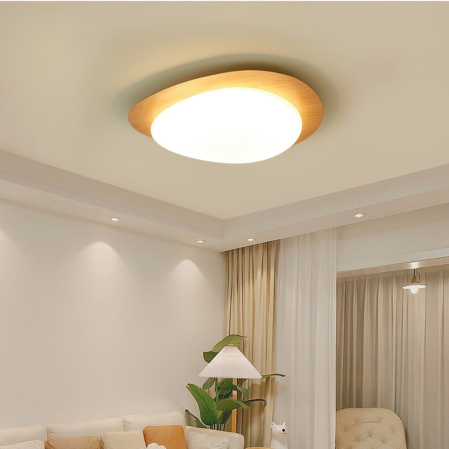 PebbleGlow | Elegancka lampa sufitowa typu flush mount z naturalnym wykończeniem imitującym usłojenie drewna