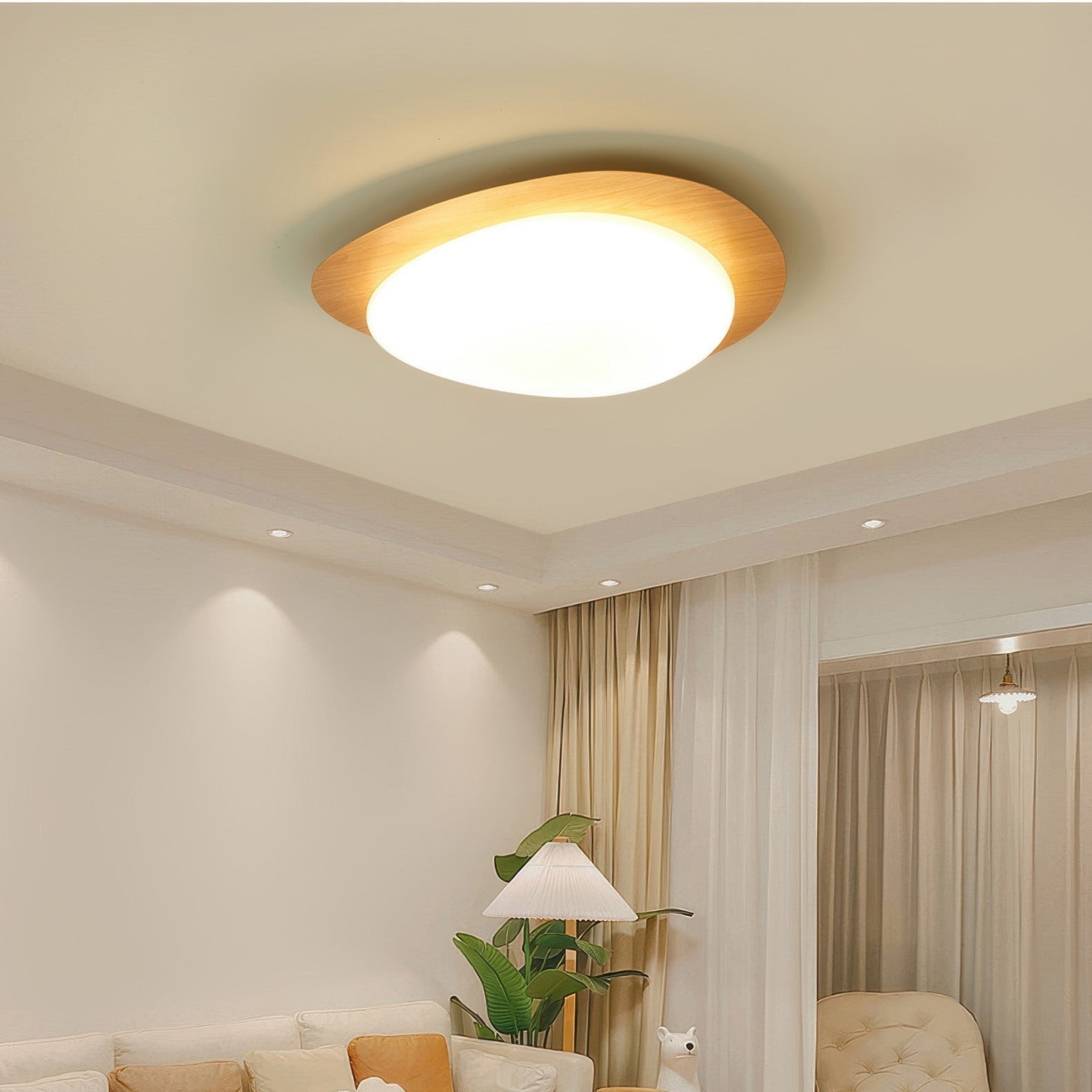 PebbleGlow | Elegancka lampa sufitowa typu flush mount z naturalnym wykończeniem imitującym usłojenie drewna