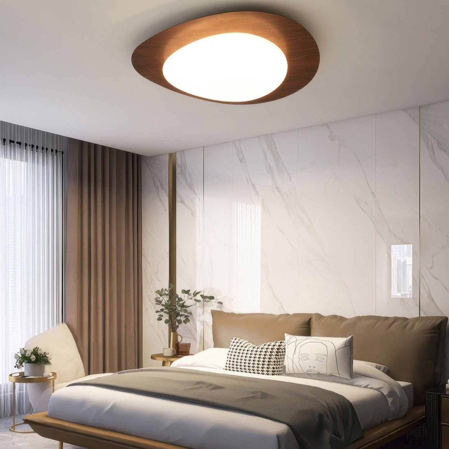 PebbleGlow | Elegancka lampa sufitowa typu flush mount z naturalnym wykończeniem imitującym usłojenie drewna