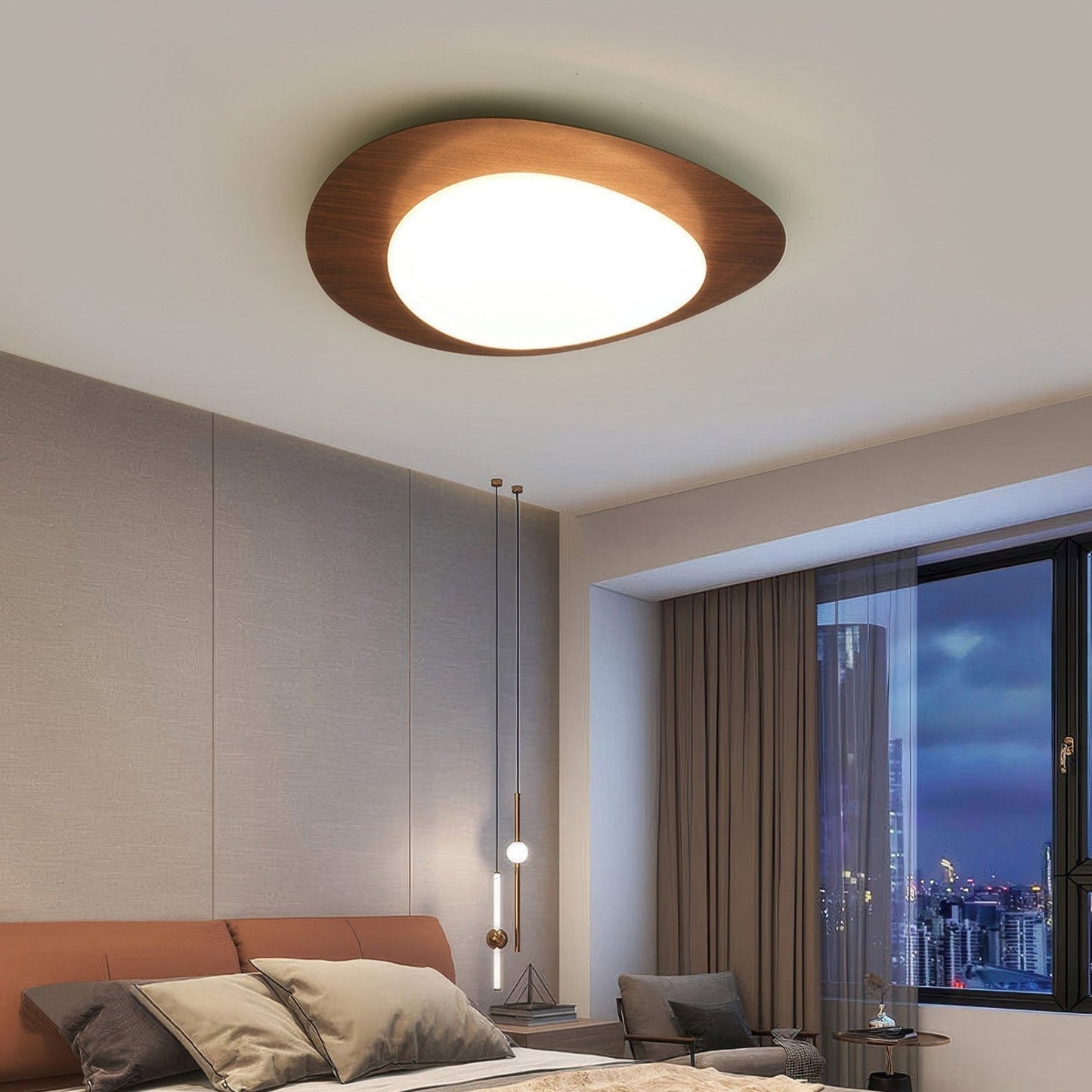 PebbleGlow | Elegancka lampa sufitowa typu flush mount z naturalnym wykończeniem imitującym usłojenie drewna