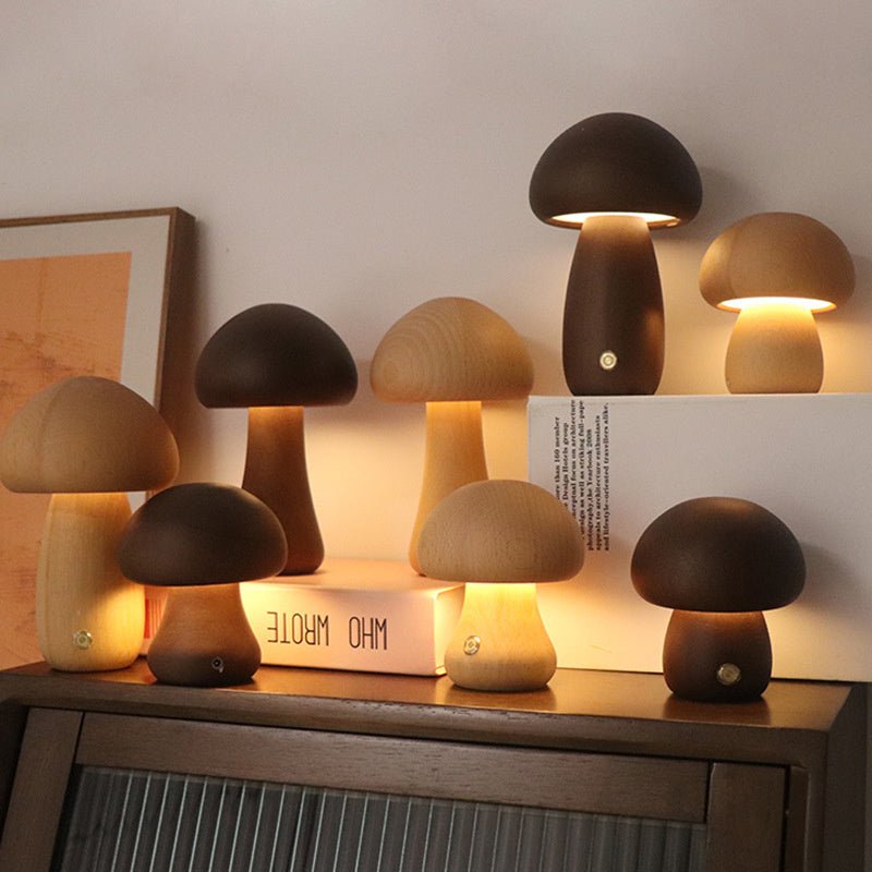 Stylowa Lampa Stołowa Bezprzewodowa w Kształcie Grzybka z USB | Drewniana Konstrukcja dla Przytulnej Atmosfery w Salonach 1
