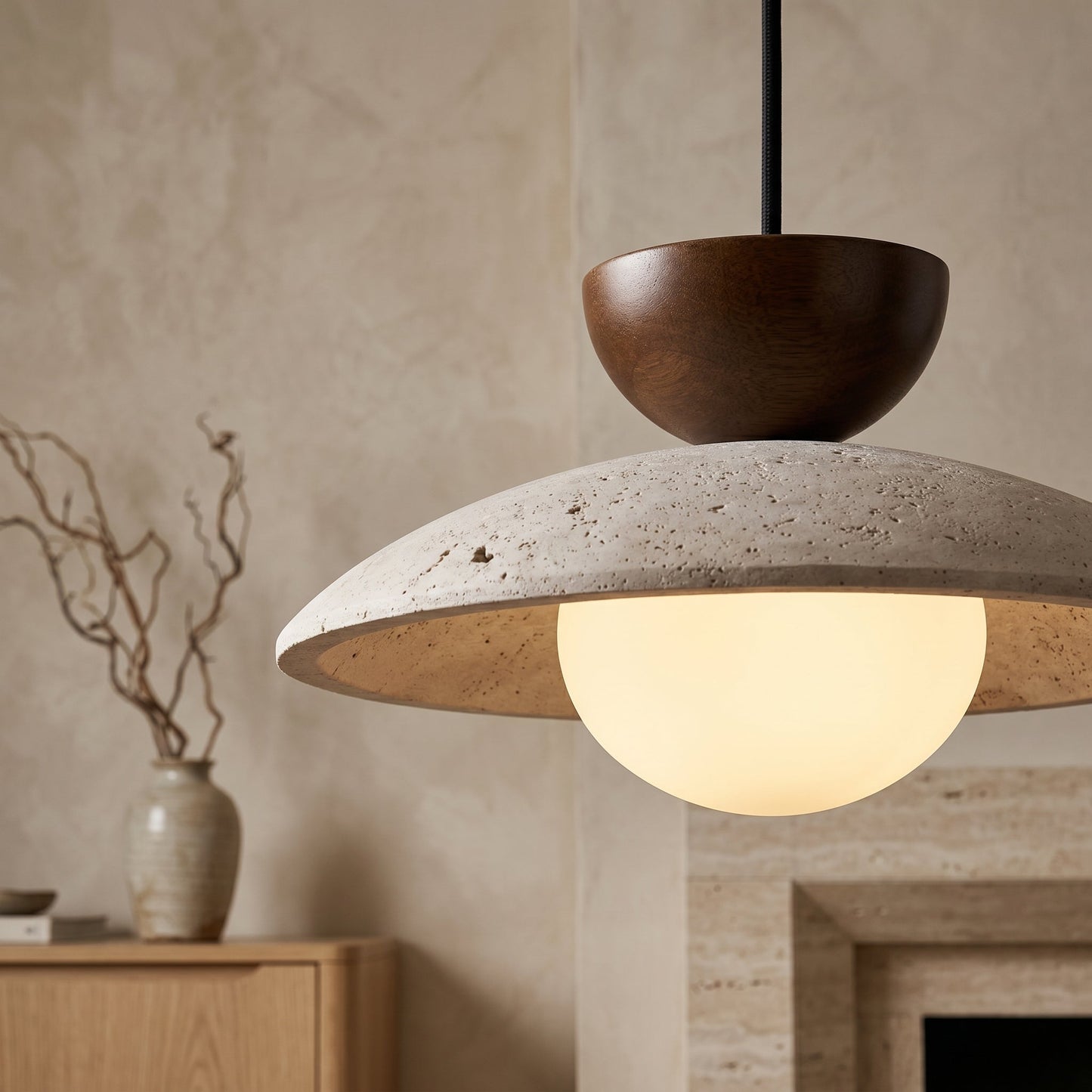 Tia | Lampa wisząca z naturalnego trawertynu z regulowaną wysokością | Wyjątkowy design zapewniający ciepłe oświetlenie ambientowe