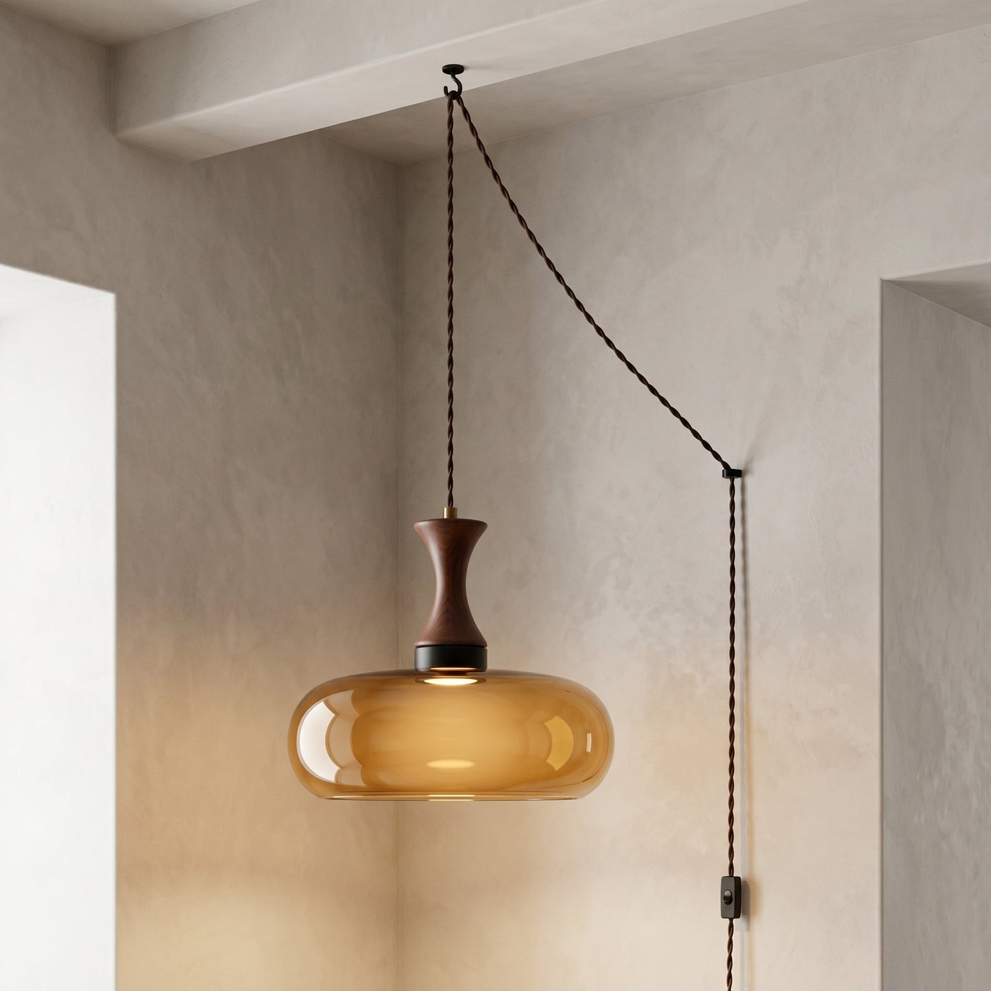 Vintage Elegance | Szklana lampa wisząca z antycznym brązowym kloszem | Regulowana wysokość dla przytulnej atmosfery w kuchni