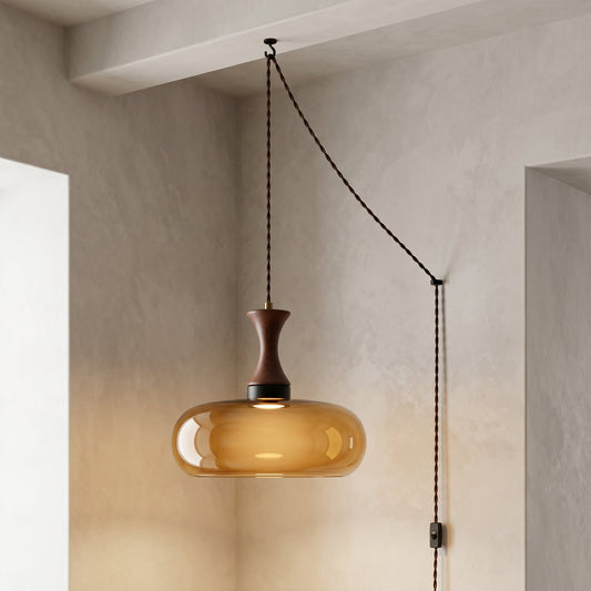 Vintage Elegance | Szklana lampa wisząca z antycznym brązowym kloszem | Regulowana wysokość dla przytulnej atmosfery w kuchni