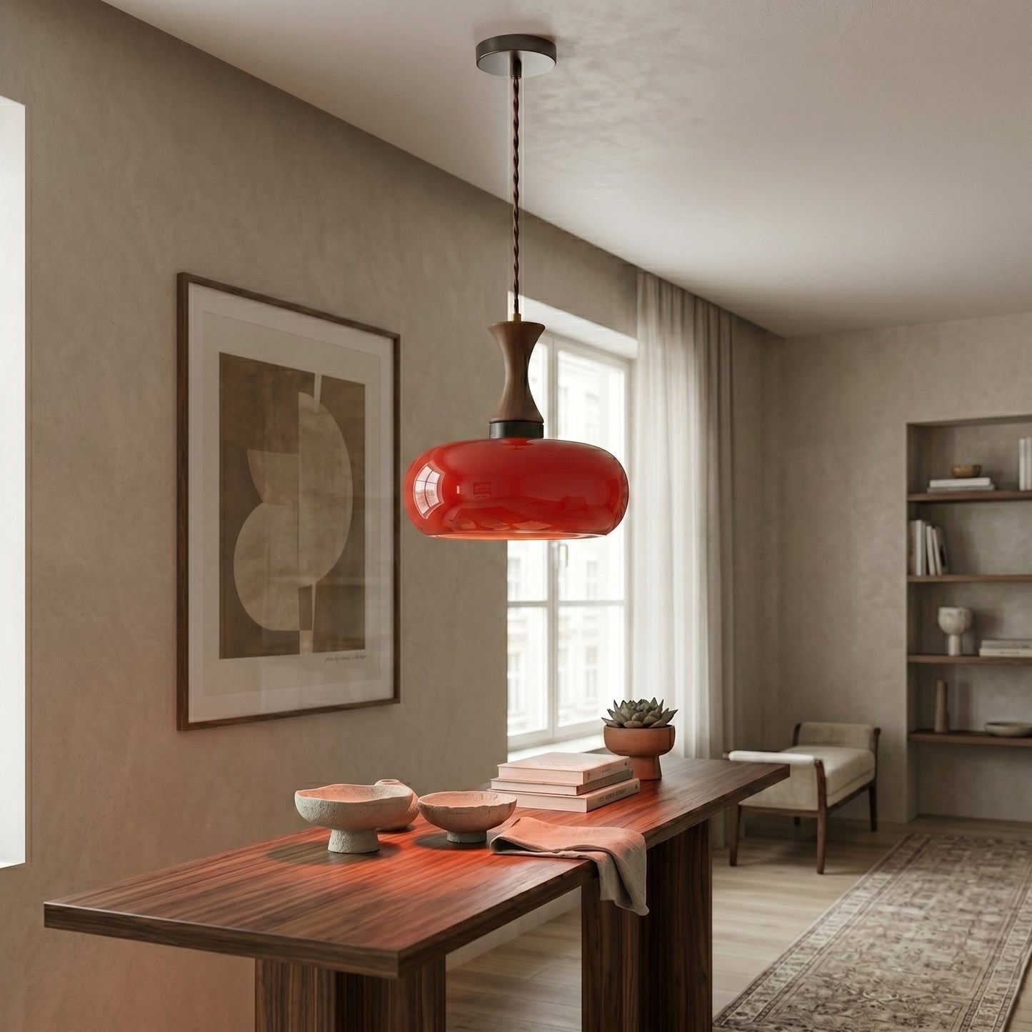 Vintage Elegance | Szklana lampa wisząca z antycznym brązowym kloszem | Regulowana wysokość dla przytulnej atmosfery w kuchni