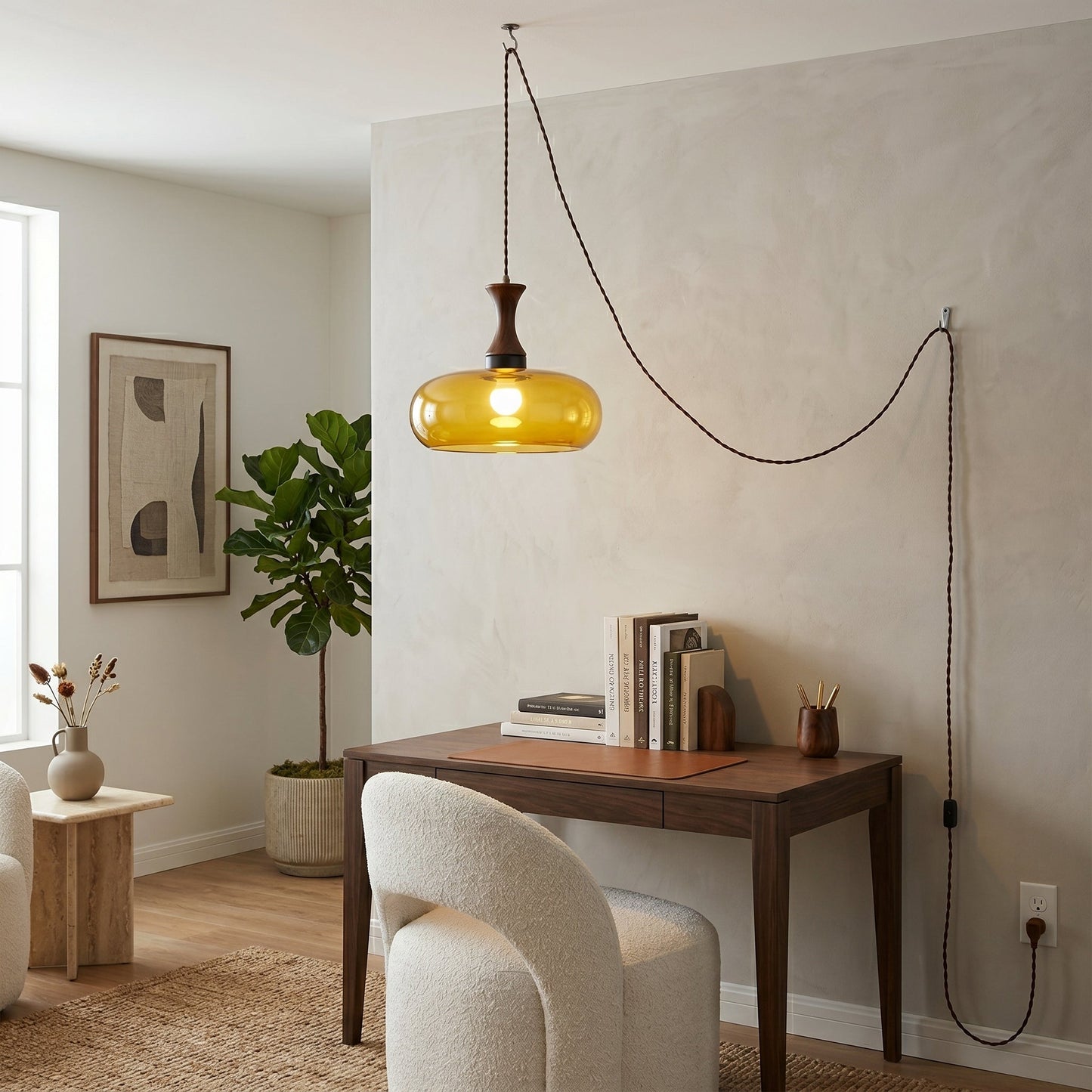 Vintage Elegance | Szklana lampa wisząca z antycznym brązowym kloszem | Regulowana wysokość dla przytulnej atmosfery w kuchni