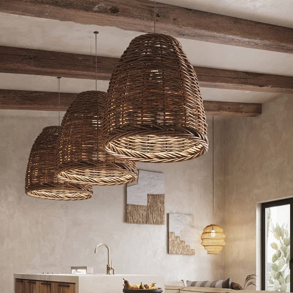 Rattanowa Lampa Wisząca LED | Regulowana Wysokość | Styl Vintage do Kuchni i Jadalni