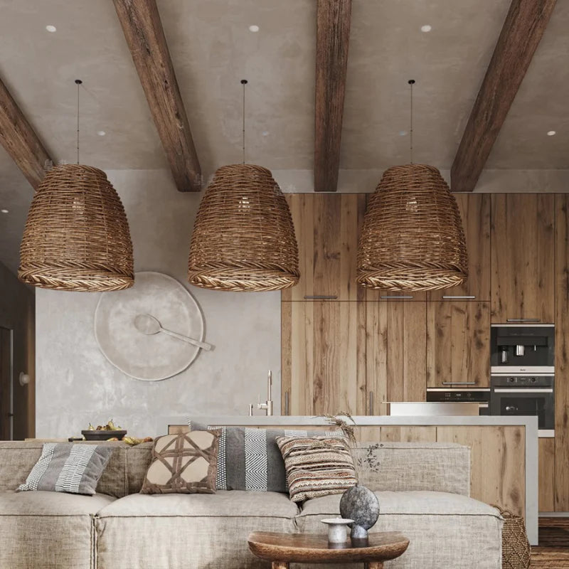 Rattanowa Lampa Wisząca LED | Regulowana Wysokość | Styl Vintage do Kuchni i Jadalni