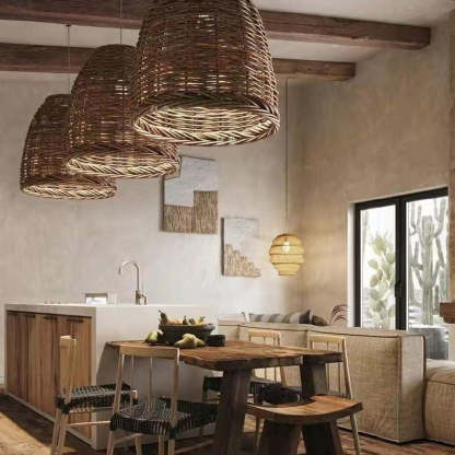Rattanowa Lampa Wisząca LED | Regulowana Wysokość | Styl Vintage do Kuchni i Jadalni