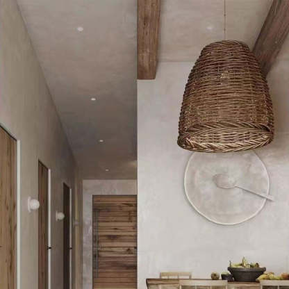 Rattanowa Lampa Wisząca LED | Regulowana Wysokość | Styl Vintage do Kuchni i Jadalni