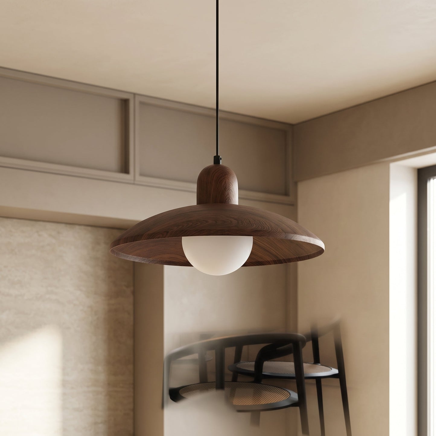Kolekcja Wabi-Sabi | Lampa wisząca z drewna orzechowego z delikatnym światłem ambientowym | Minimalistyczny design dla spokojnych i relaksujących wnętrz