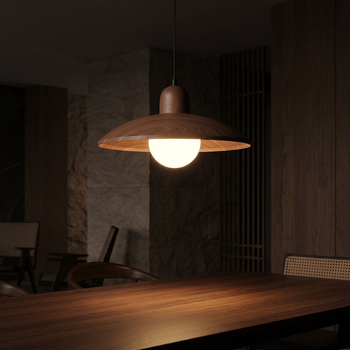 Kolekcja Wabi-Sabi | Lampa wisząca z drewna orzechowego z delikatnym światłem ambientowym | Minimalistyczny design dla spokojnych i relaksujących wnętrz