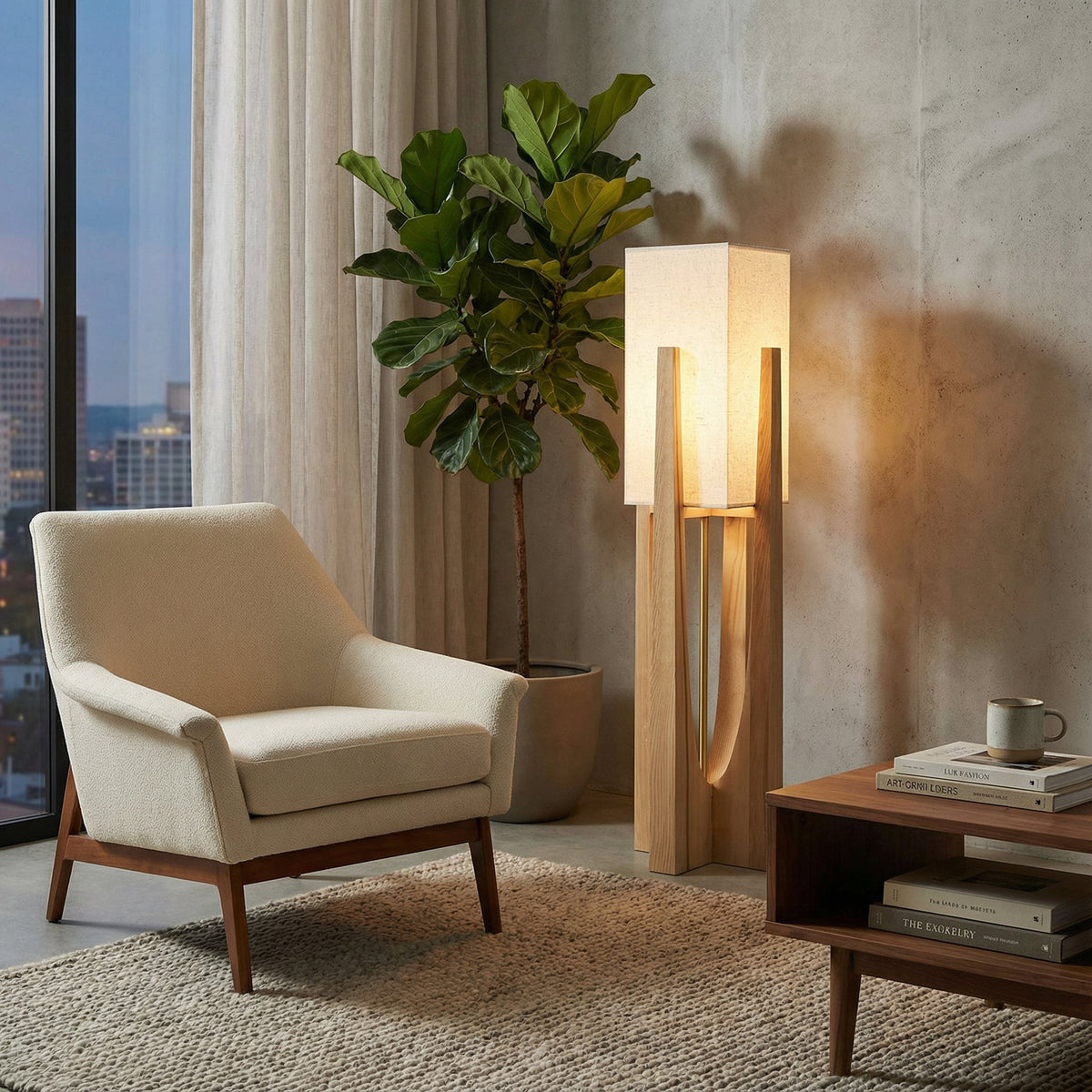 Wabi Sabi | Nowoczesna Lampa Podłogowa z Drewnianą Ramą i Tkaninowym Kloszem