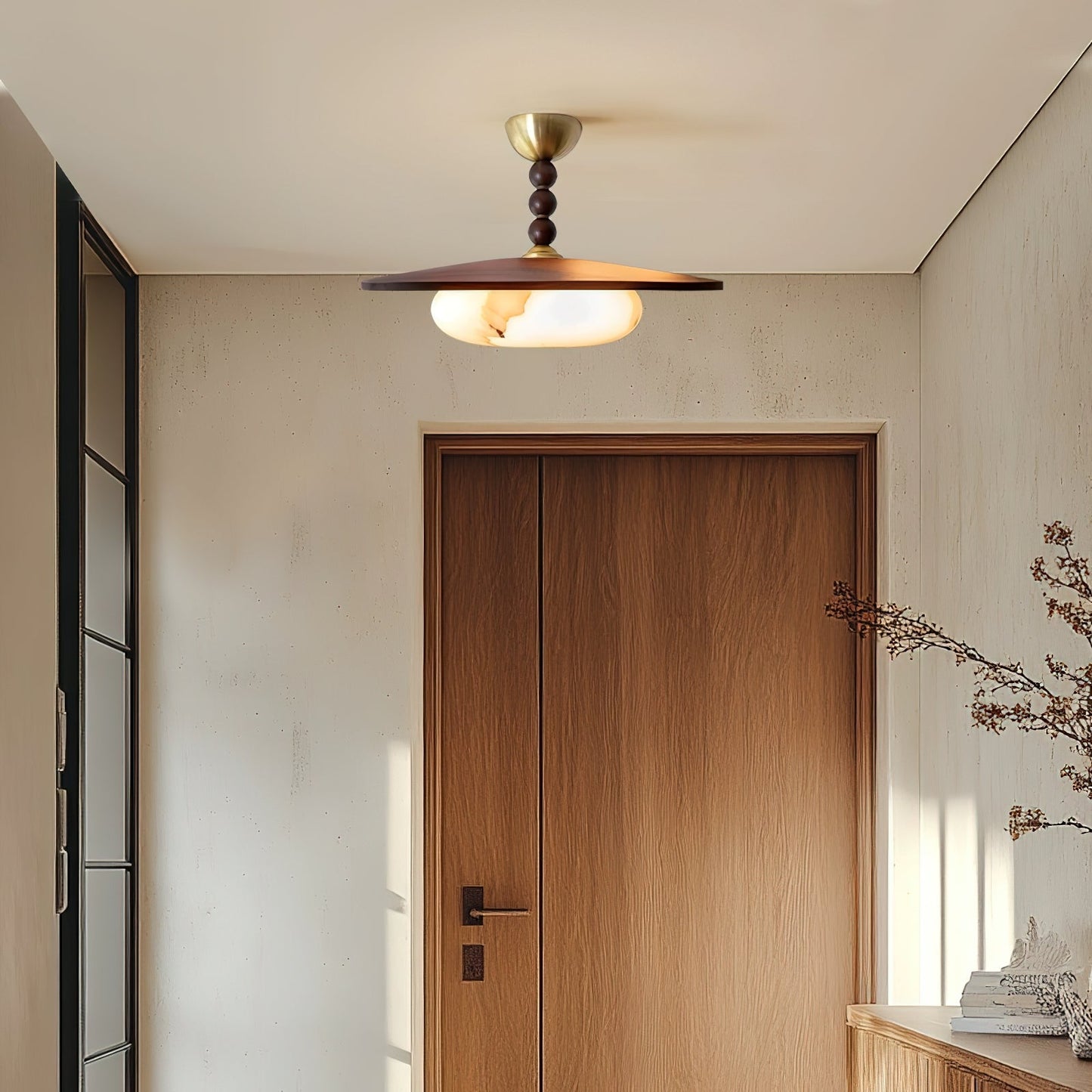 Yeste | Lampa sufitowa z drewna orzechowego i dyfuzorem imitującym alabaster | Eleganckie oświetlenie do jadalni i salonu