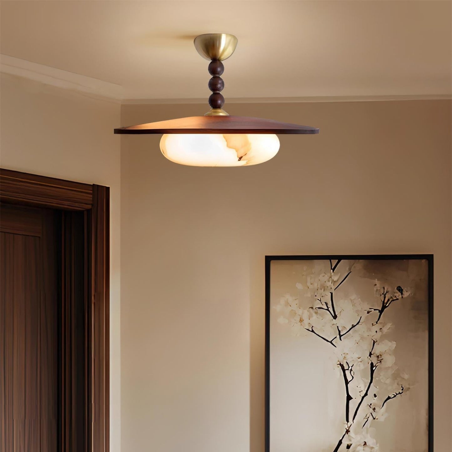 Yeste | Lampa sufitowa z drewna orzechowego i dyfuzorem imitującym alabaster | Eleganckie oświetlenie do jadalni i salonu