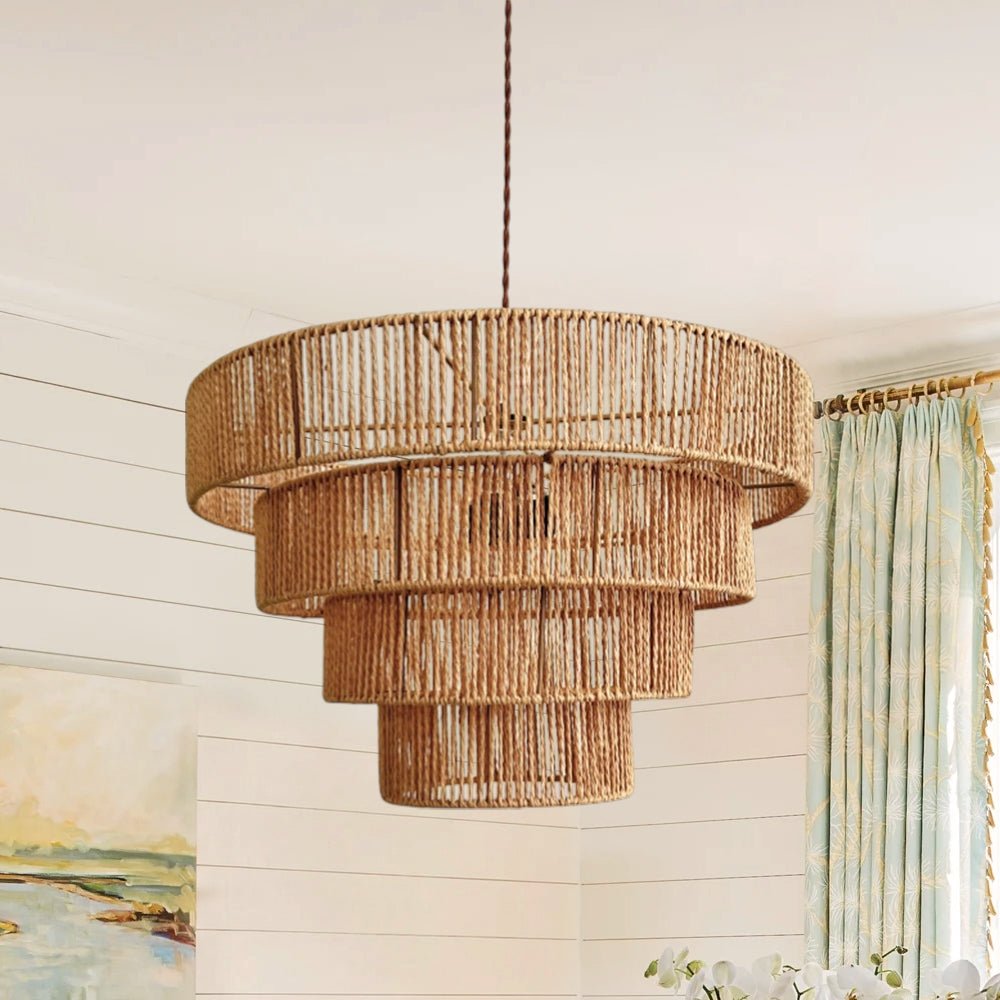 Boho Żyrandol z Naturalnego Rattanu, Piętrowy Bęben lub Kopuła